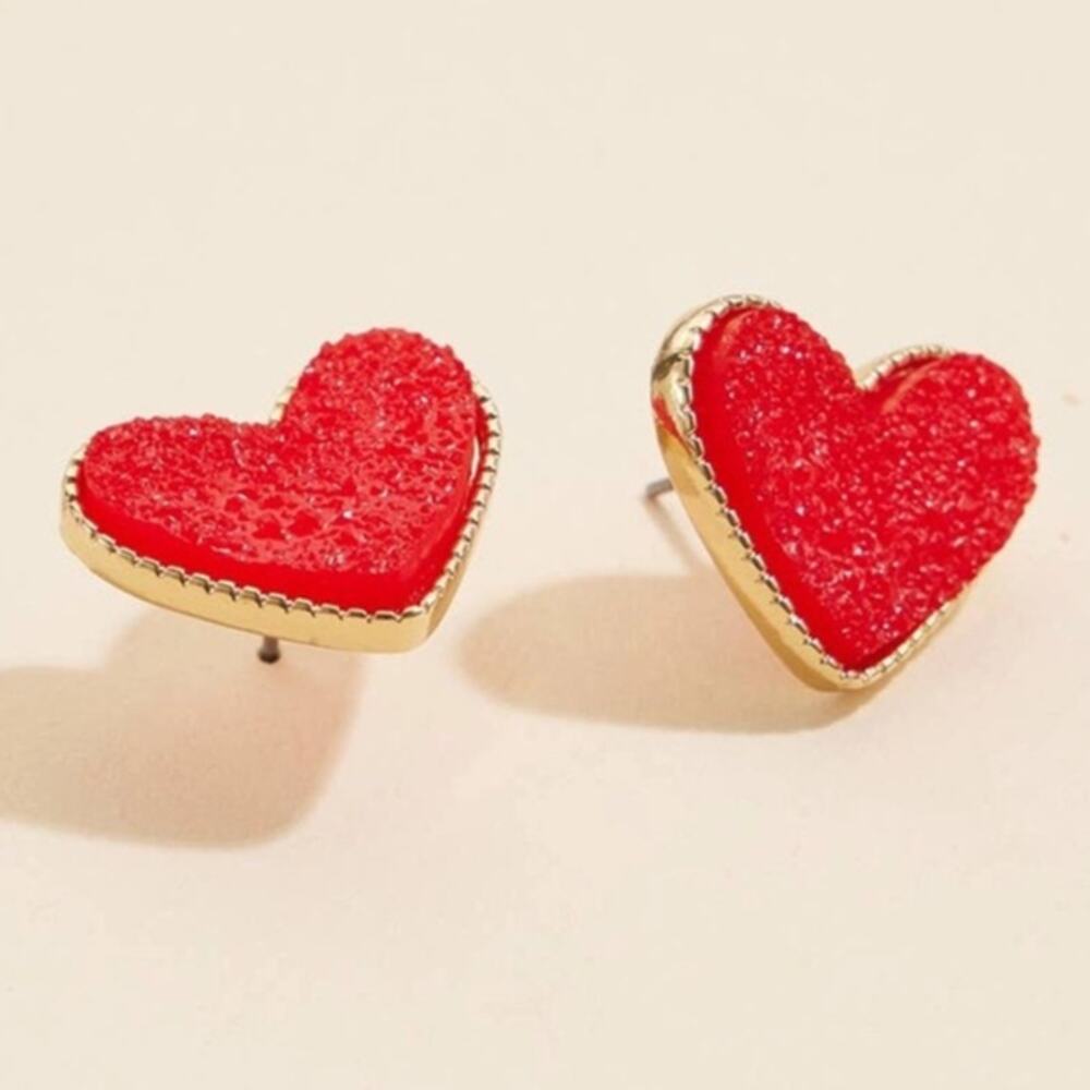 Druzy Heart Stone Stud Earrings Red Sparkle Jewelry